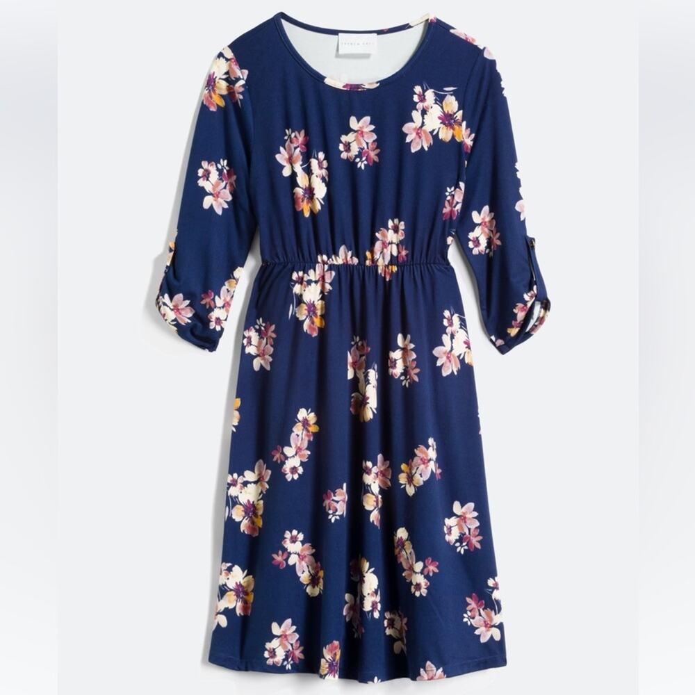 French Grey Murphy XL Maternity Navy Blue Floral Brushed Knit Dress